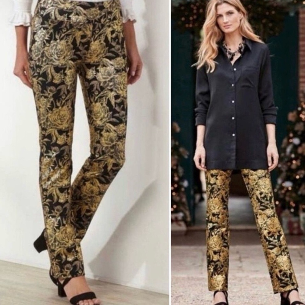 Soft Surroundings Moonstruck Metallic Gold Floral Pants, Size S (6-8) NWT